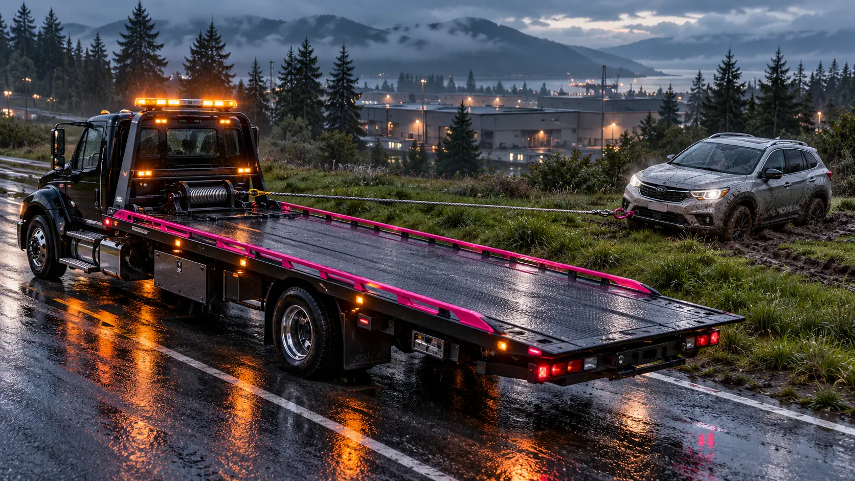 J20, Jonny’s black-and-pink flatbed, winching a stuck crossover from a wet roadside shoulder