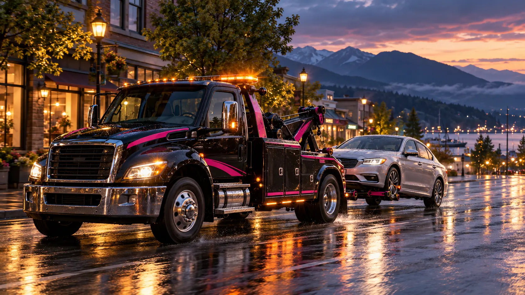 J1, Jonny’s black-and-pink wrecker, towing a secured silver car on a rain-slick city street